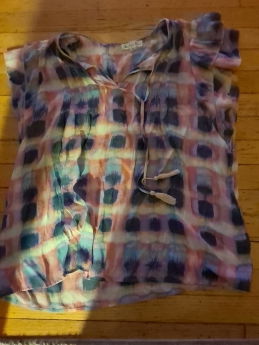 Woven Multicolor Tie-Dye Short Sleeve Blouse with Tassel Neck